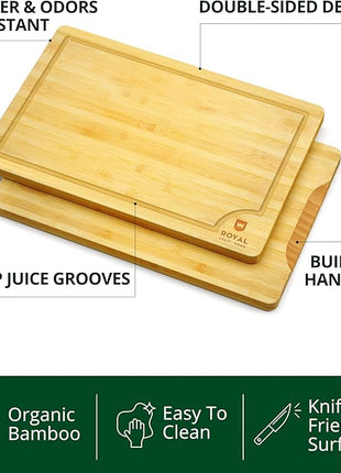 ROYAL CRAFT WOOD Wooden Cutting Boards for Kitchen Meal Prep & Serving - Premium Bamboo Wood Serving Board Set with Deep Juice Groove Side Handles - Charcuterie & Chopping Butcher Block for Meat