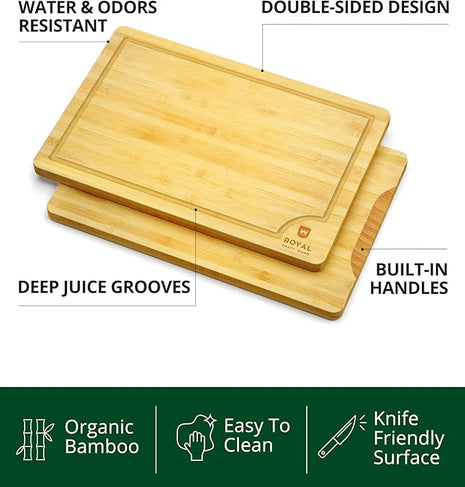 ROYAL CRAFT WOOD Wooden Cutting Boards for Kitchen Meal Prep & Serving - Premium Bamboo Wood Serving Board Set with Deep Juice Groove Side Handles - Charcuterie & Chopping Butcher Block for Meat