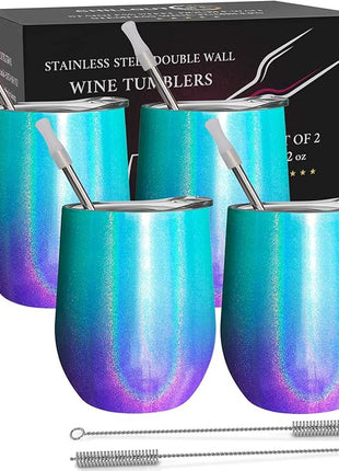 CHILLOUT LIFE 12 oz Stainless Steel Wine Tumblers 4 Pack - Double Wall Vacuum Insulated Wine Glasses Cups with Lids and Straws Set Keeping Cold & Hot for Coffee, Beer, Ice Cream - Mermaid Sparkle