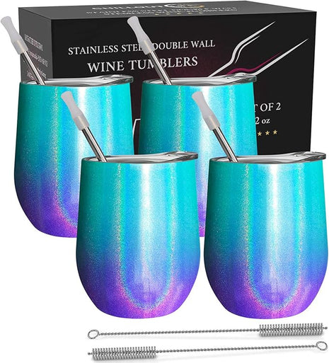 CHILLOUT LIFE 12 oz Stainless Steel Wine Tumblers 4 Pack - Double Wall Vacuum Insulated Wine Glasses Cups with Lids and Straws Set Keeping Cold & Hot for Coffee, Beer, Ice Cream - Mermaid Sparkle