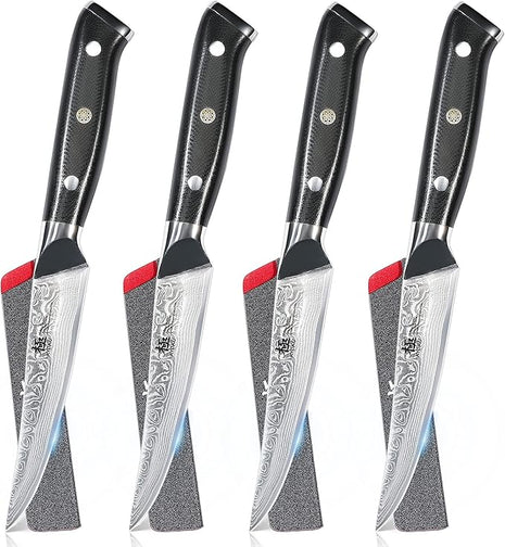 KYOKU Damascus Non-Serrated Steak Knives Set of 4 - Shogun Series - Japanese VG10 Steel - with Sheath & Case