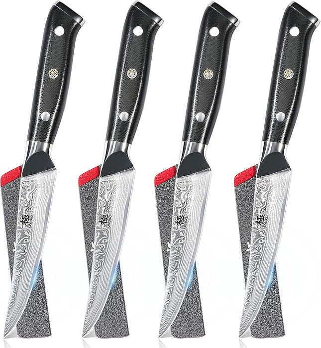 KYOKU Damascus Non-Serrated Steak Knives Set of 4 - Shogun Series - Japanese VG10 Steel - with Sheath & Case