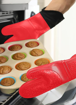 BPA-Free Soft Silicone Oven Mitts - Ultra Heat Resistant Oven Mitts with Thick Cotton Liner - Extra Long Slip Resistant Pot Holders, Flexible Oven Gloves - Red/Black 14.7"