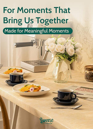 Sweese 8 Ounce Porcelain Stackable Cappuccino Cups with Saucers and Metal Stand - for Specialty Coffee Drinks, Cappuccino, Latte, Americano and Tea - Set of 4, Navy