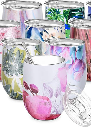 THILY Stainless Steel Insulated Wine Tumbler Stemless Wine Glass with Lid and Straw, Splash-proof, Cute Travel Cup for Coffee, Cocktails, Gifts for Women, Her, Wife, Lotus Flower