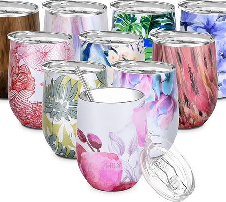 THILY Stainless Steel Insulated Wine Tumbler Stemless Wine Glass with Lid and Straw, Splash-proof, Cute Travel Cup for Coffee, Cocktails, Gifts for Women, Her, Wife, Lotus Flower