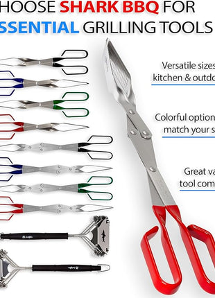 Shark BBQ Grill Tongs for Steaks - 2-Pack Gift Set - 17" & 13" Professional Kitchen and Outdoor Grilling Utensil Set (Red)