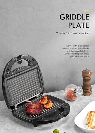 Yabano Sandwich Maker, 3 in 1 Waffle Maker, Toaster and Electric Panini Press Grill with Non-stick Coating Plate, Easy to Clean, Heating Up Fast
