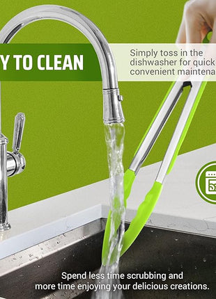 Kaluns Kitchen Tongs for Cooking Grilling Set of 4, BBQ Grill Tongs With Silicone Tip Stainless Steel Heat Resistant, Non-stick Pull Lock, Incl 7, 9, 12 Inch Tong Plus a Silicone Spatula