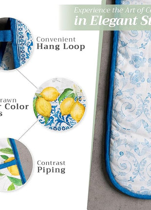 Maison d' Hermine Double Oven Mitts 100% Cotton 7"x35" Double Oven Mitt Heat Resistant BBQ Cooking Gloves with Loop, Baking, Grilling, Home, Kitchen, Handling Hot Pans Spring Summer (Cedrat)