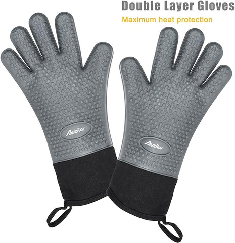 Silicone Cooking Gloves, Grilling Gloves, Heat Resistant Gloves BBQ Kitchen Silicone Oven Mitts, Long Waterproof Non-Slip Potholder for Barbecue, Cooking, Baking