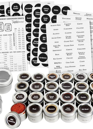 Talented Kitchen Magnetic Spice Jars - 3 oz, Stainless Steel, 24-Pack - Spice Tins with Sift & Pour Lids & Fridge Magnets for Kitchen Organization