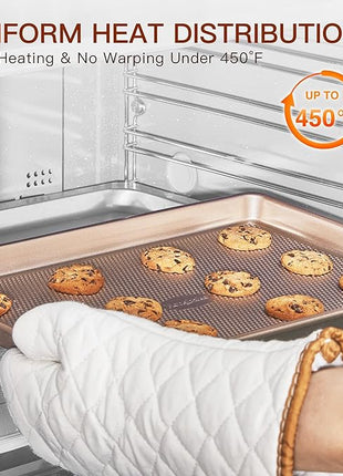 HONGBAKE 3 Pack Gold Nonstick Baking Sheet Pan Set with Oven Mitts Heat Resistant, Non-Toxic Half/Quarter/Jelly Roll Pans with Diamond Texture Pattern, Heavy Duty 0.8mm Thick Cookie Trays for Cooking