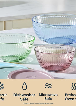 Pyrex Colors Tinted (3-Pack, Full Set) Sculpted Tinted Glass Mixing Bowls With Lids, Nesting Space Saving Set of Bowls For Prepping and Baking, 1.3QT, 2.3QT & 4.5Q, Blue