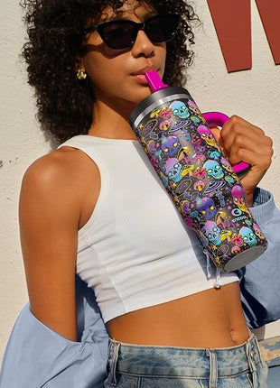ENCOOL 40 oz Tumbler with Handle and Straw: Stainless Steel Insulated Tumbler Keeps Cold for 24 Hours, Leakproof Travel Cup Fits in Cup Holder and BPA-Free, Trippy Skulls