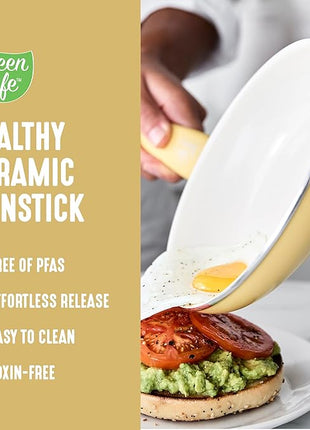GreenLife 16 Piece Nonstick Cookware Set, Soft Grip Non-Toxic PFAS-Free Ceramic Pots & Pans, Dishwasher & Oven Safe, Frying, Sauce, Saute, Utensils, Glass Lids, Stay-Cool Handles, Wobble Free, Yellow