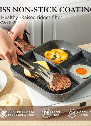 Sensarte Nonstick 11-Inch Square Grill Pan, 3-Section Versatile Breakfast Skillet, Die-cast Aluminum, PFOA, PFOS, APEO Free, Induction, Gas, Electric, Glass, Ceramic