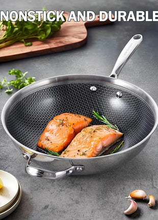 Cooks Standard 12-Inch Hybrid Nonstick Wok with Tempered Glass Lid, Multi-Ply Clad Stainless Steel Flat Bottom Wok Stit Fry Pan, Oven Safe, Induction Ready, Compatible with All Stovetops