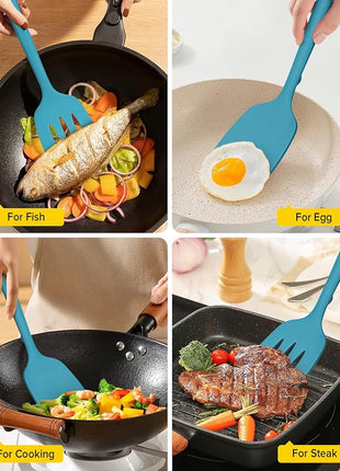 Pack of 2 Silicone Spatula Turners, Non Stick Slotted Kitchen Spatula Set, Heat Resistant BPA Free Kitchen Utensils, One-Piece Design, Suitable for Flipping Fish, Eggs, Steak, Pancakes(BLUE)