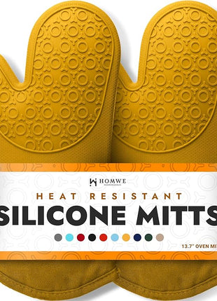 BPA-Free Soft Silicone Oven Mitts - Ultra Heat Resistant Oven Mitts with Thick Cotton Liner - Long Slip Resistant Pot Holders, Flexible Oven Gloves - Yellow 13.7"