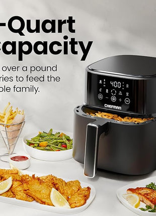 Chefman Air Fryer – 6 QT Compact Airfryer for Quick & Easy Meals in Minutes, Features Hi-Fry Technology for Extra Crisp, Touchscreen Controls with 4 Presets, Nonstick & Dishwasher Safe Basket - Black