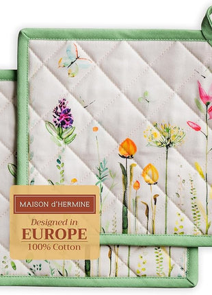 Maison d' Hermine Pot Holders set 100% Cotton Heat Resistant Potholders 8" x 8" Hot Pads with Loop BBQ, Cooking, Baking, Grilling, Kitchen, Handling Hot Pans Spring/Summer (Pack of 2, Botanical Fresh)