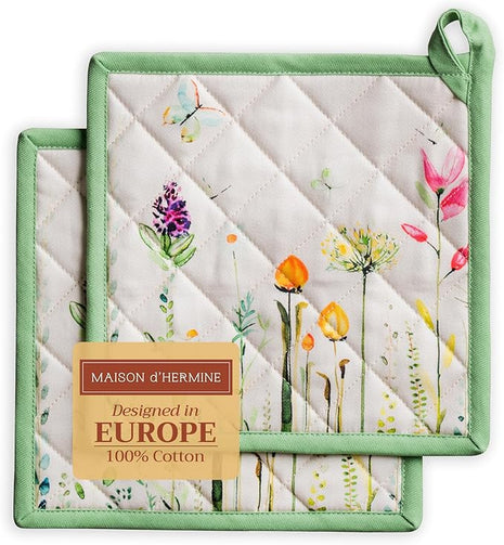 Maison d' Hermine Pot Holders set 100% Cotton Heat Resistant Potholders 8" x 8" Hot Pads with Loop BBQ, Cooking, Baking, Grilling, Kitchen, Handling Hot Pans Spring/Summer (Pack of 2, Botanical Fresh)