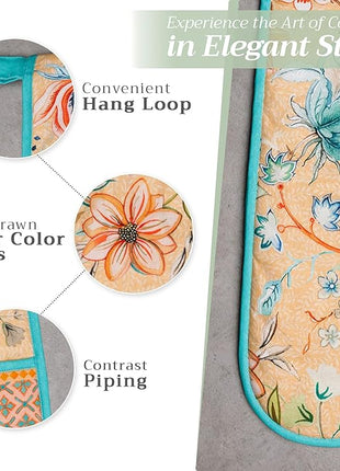 Maison d' Hermine Double Oven Mitts 100% Cotton 7"x35" Double Oven Mitt Heat Resistant BBQ Cooking Gloves with Loop, Baking, Grilling, Kitchen, Handling Hot Pans Spring Summer (Luxury Loft – Peach)