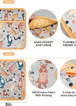 Pot Holders Set of 2 Heat Resistant 480℉ Kitchen 100% Cotton Comfortable Lining Printing Fox Flower Women Men Home Cooking Baking Microwave BBQ Gift (Cat potholder)