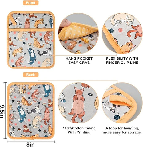 Pot Holders Set of 2 Heat Resistant 480℉ Kitchen 100% Cotton Comfortable Lining Printing Fox Flower Women Men Home Cooking Baking Microwave BBQ Gift (Cat potholder)