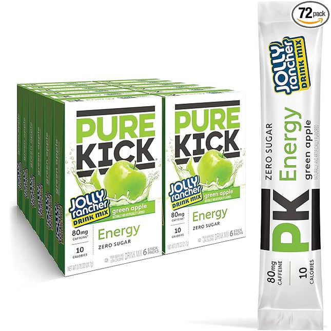 PURE KICK Energy Singles To Go Drink Mix, Jolly Rancher Green Apple, Includes 12 Boxes with 6 Packets in each Box, 72 Total Packets