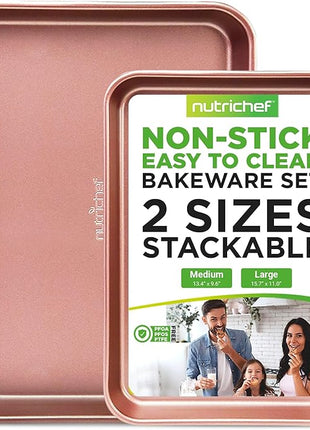 NutriChef 2-Piece Nonstick Cookie Sheets for Baking - Premium Medium & Large Size Baking Sheet Set - Thick Carbon Steel Bakeware Trays - Dishwasher Safe, Rose Gold