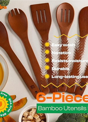 Riveira Premium Brown Bamboo Wooden Spoons for Cooking Set of 6 – Premium Brown Bamboo Wooden Cooking Utensils, Wooden Spatula, Wooden Spoon - Premium Quality Wooden Utensil Set for Non-Toxic Cooking