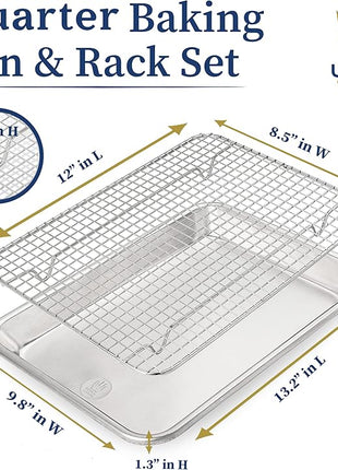 Ultra Cuisine Quarter Sheet Pan with Wire Rack Set - Includes Premium Aluminum Baking Sheet with 100% Stainless Steel Baking Rack, Dishwasher Safe Cookie Cooling Racks with 1/4 Pan Commercial Quality