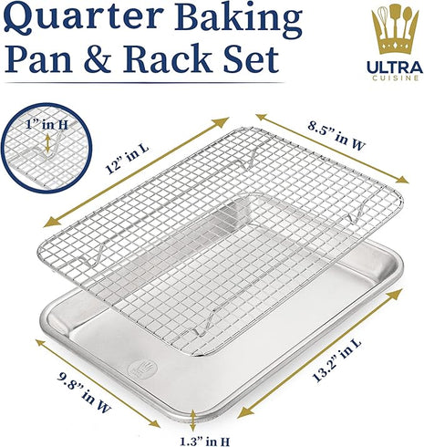 Ultra Cuisine Quarter Sheet Pan with Wire Rack Set - Includes Premium Aluminum Baking Sheet with 100% Stainless Steel Baking Rack, Dishwasher Safe Cookie Cooling Racks with 1/4 Pan Commercial Quality