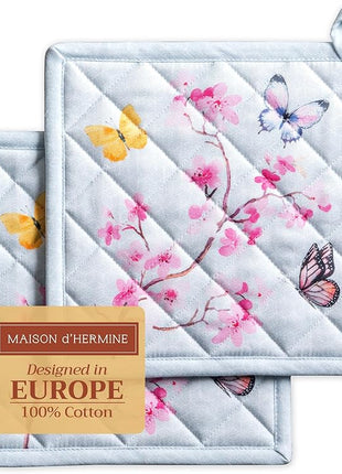 Maison d' Hermine Pot Holders Set 100% Cotton Heat Resistant Potholders 8" x 8" Hot Pads with Loop BBQ, Cooking, Grilling, Kitchen, Handling Hot Pans Spring/Summer (Pack of 2, Blossoms in Spring)
