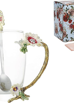 Handicraft Crystal Glass 3D Flower Cups Tea Mug With Tea Spoon Women Coffee, Tea, Juice, Beer, Milk Hot And Cold Drinks Use Gift Package. (Chrysanthemum, 12 OZ)