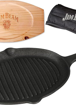 Jim Beam JB0159, Heavy Duty Construction, Pre Seasoned Cast Iron Skillet with Wooden Base and Mitt, Black,Small