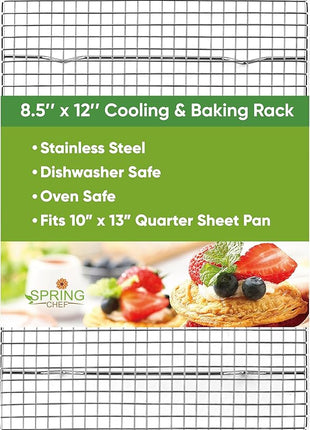 Spring Chef 8.5 x 12 Inch Stainless Steel Cooling Rack for Cooking and Baking - Oven Safe Cookie Cooling Rack - Fits Small Quarter Sheet Pan - Dishwasher Safe