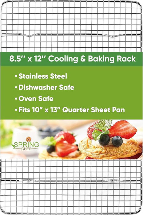 Spring Chef 8.5 x 12 Inch Stainless Steel Cooling Rack for Cooking and Baking - Oven Safe Cookie Cooling Rack - Fits Small Quarter Sheet Pan - Dishwasher Safe