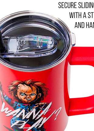 Silver Buffalo Chucky Wanna Play Stainless Steel Tumbler with Handle and Straw, Fits in Standard Cup Holder, 40 Ounces
