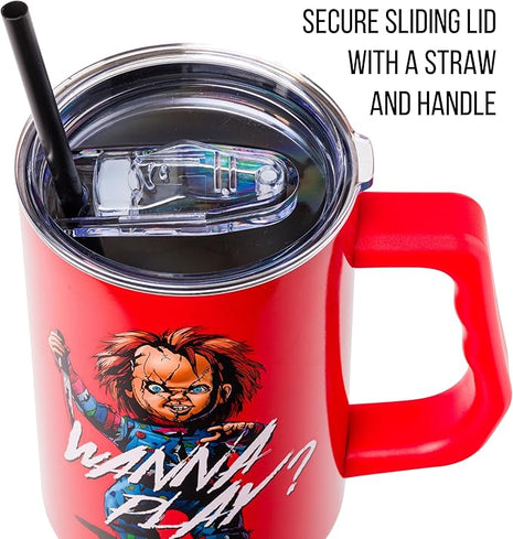 Silver Buffalo Chucky Wanna Play Stainless Steel Tumbler with Handle and Straw, Fits in Standard Cup Holder, 40 Ounces