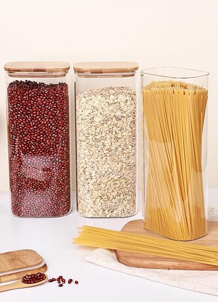 Liuruiyu Glass Storage Jars Set of 3, Clear Glass Food Storage Containers with Airtight Bamboo Lid Stackable Kitchen Canisters for Candy,Cookie,Rice,Sugar,Flour,Pasta(Flat)