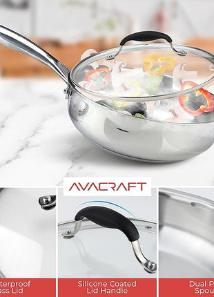 AVACRAFT 18/10 8 Inch Stainless Steel Frying Pan with Lid, Side Spouts, Induction Pan, Versatile Stainless Steel Skillet, Fry Pan in our Pots and Pans (Stainless Steel, 8 Inch)