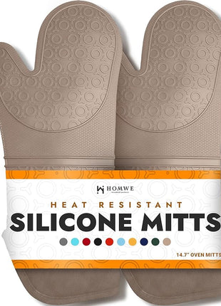 BPA-Free Silicone Oven Mitts Ultra Heat Resistant up to 500°F - Oven Mitts with Thick Cotton Liner - Long Slip Resistant Pot Holders, Flexible Oven Gloves - Beige 14.7