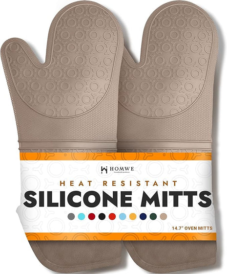 BPA-Free Silicone Oven Mitts Ultra Heat Resistant up to 500°F - Oven Mitts with Thick Cotton Liner - Long Slip Resistant Pot Holders, Flexible Oven Gloves - Beige 14.7