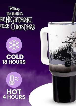 Silver Buffalo Disney Nightmare Before Christmas by Tim Burton Jack Skellington Hill and Moon Stainless Steel Tumbler with Handle and Straw, Fits in Standard Cup Holder, 40 Ounces