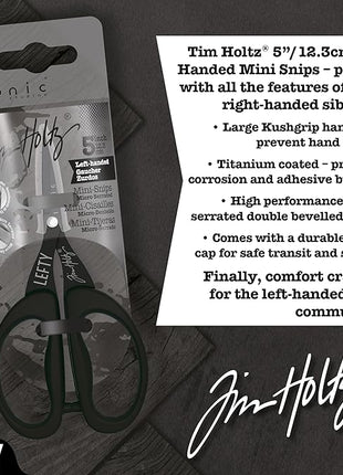 Tim Holtz Left Handed Scissors - 5 Inch Mini Snips with Micro Serrated Blade - Lefty Craft Tool for Cutting Paper, Fabric, and Sewing - Titanium with Black Comfort Grip Handles