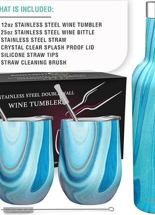 CHILLOUT LIFE 12 oz Stainless Steel Wine Tumblers 2 Pack & 1 Insulated Wine Bottle - Double Wall Vacuum Insulated Wine Glasses Cups with Lids and Straws Set Keeping Cold & Hot Gift Set