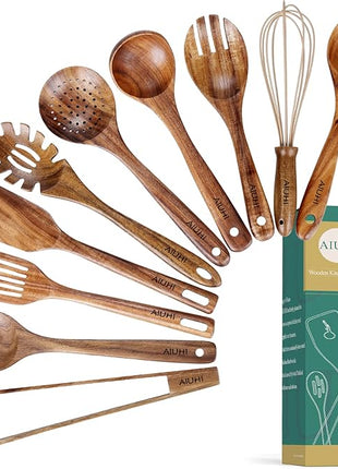 10 Pack Wooden Utensils for Cooking, Wood Utensil Set for Kitchen, Teak Wooden Spoon for Cooking, Non-Stick Spatula Ladle
